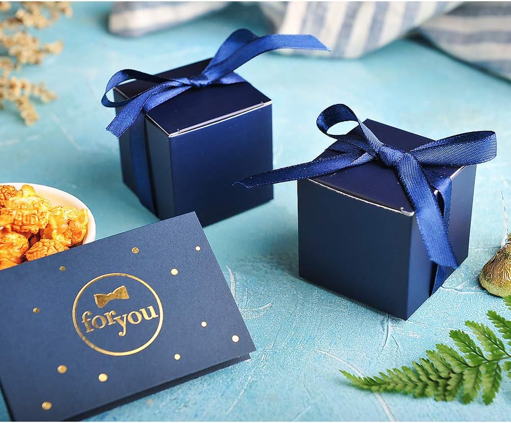 AWELL Navy Blue Gift Candy Box Bulk 2x2x2 inches with Blue Ribbon Party Favor Box,Pack of 50 - Image 2