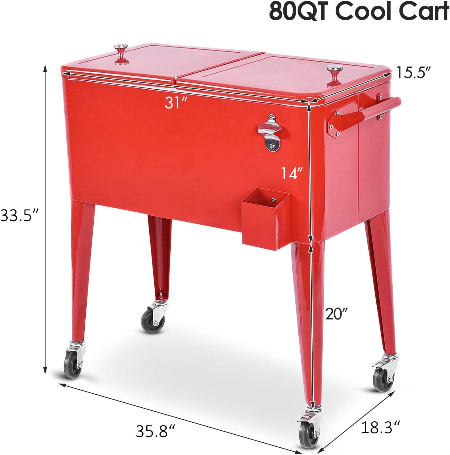 S AFSTAR 80 Quart Rolling Cooler, Ice Chest Cart with Wheels and Bottle Opener, Portable Beverage Cooler Cart Tub for Outdoor Patio Deck Party