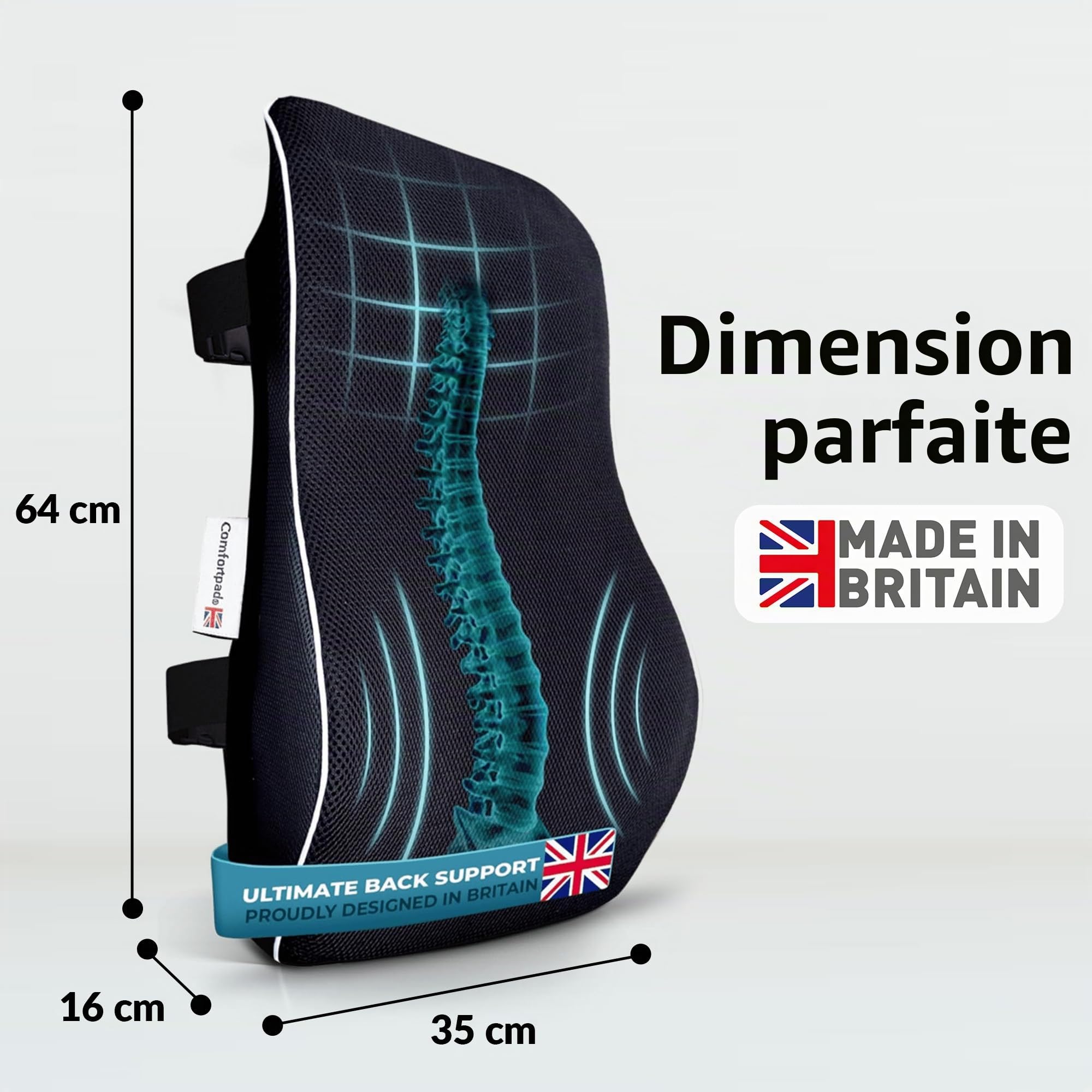 Comfortpad Coussin de soutien lombaire | Mousse à mémoire de forme pour soulager les douleurs dorsales | Soutien complet du dos | Pour chaise de bureau, voiture et maison | Housse en maille respirante