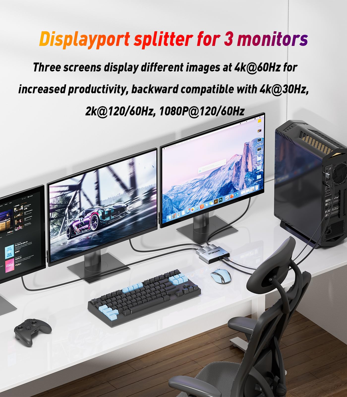 DisplayPort vers double DisplayPort avec adaptateur HDMI | 4K @ 60 Hz | Affichage étendu 1 entrée 3 sorties MST Hub pour plusieurs moniteurs compatible avec PC, carte graphique NVIDIA/AMD