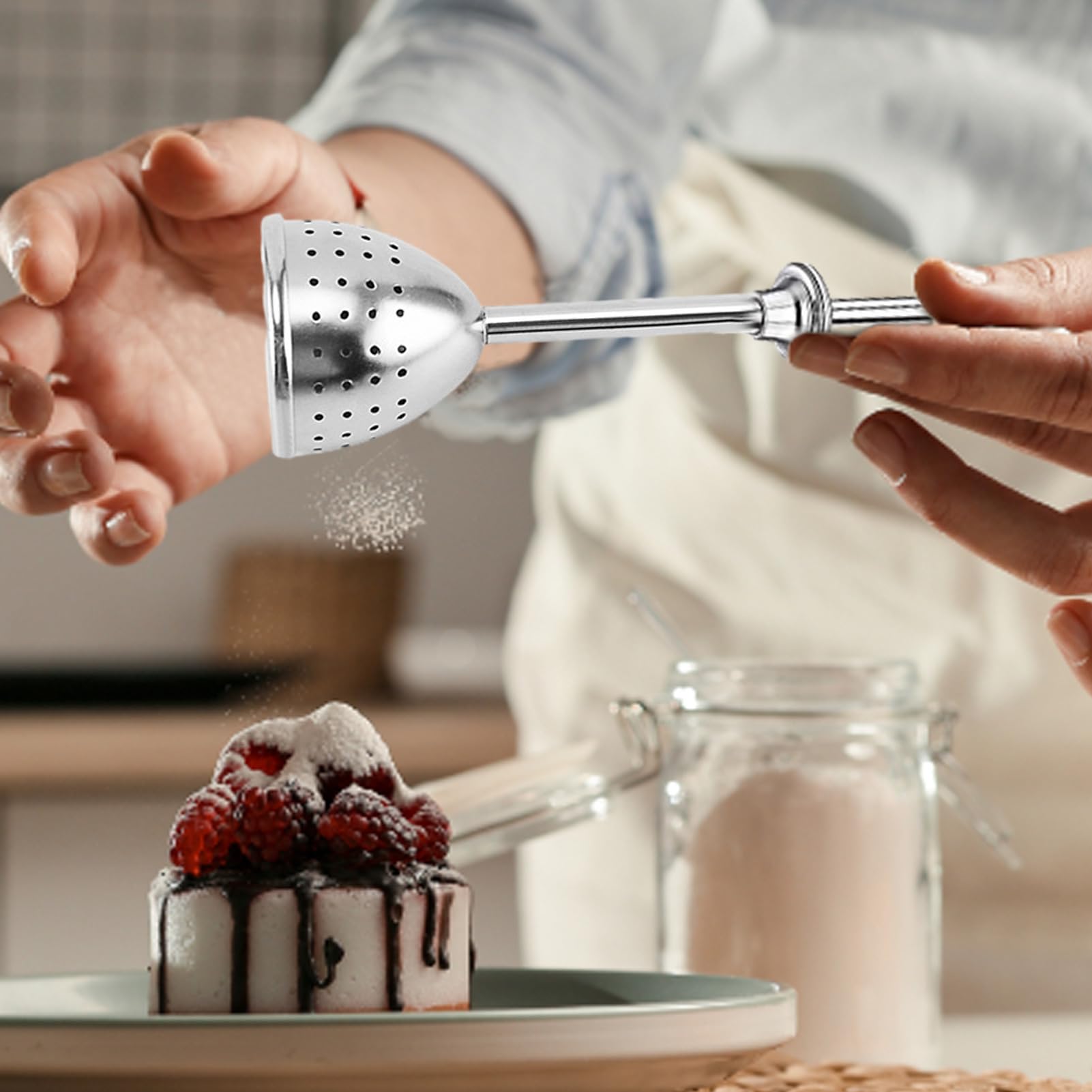 Setaccio Per Zucchero A Velo E Mini Frusta In Acciaio Inox, Spolverino Per Farina E Cacao, Manico Telescopico, 17,8 Cm
