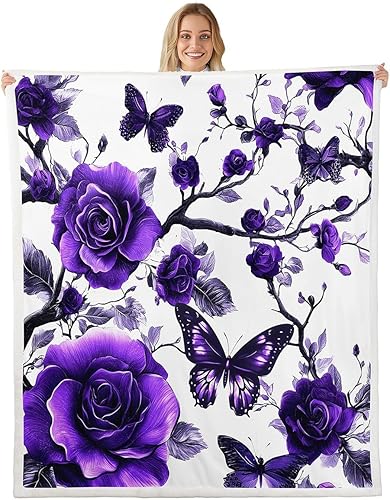Miniatura 8 de Manta de vellón de franela de mariposa morada, diseño floral de ramas botánicas, súper suave para cama, sofá, sofá, flores rosas, animales Púrpura