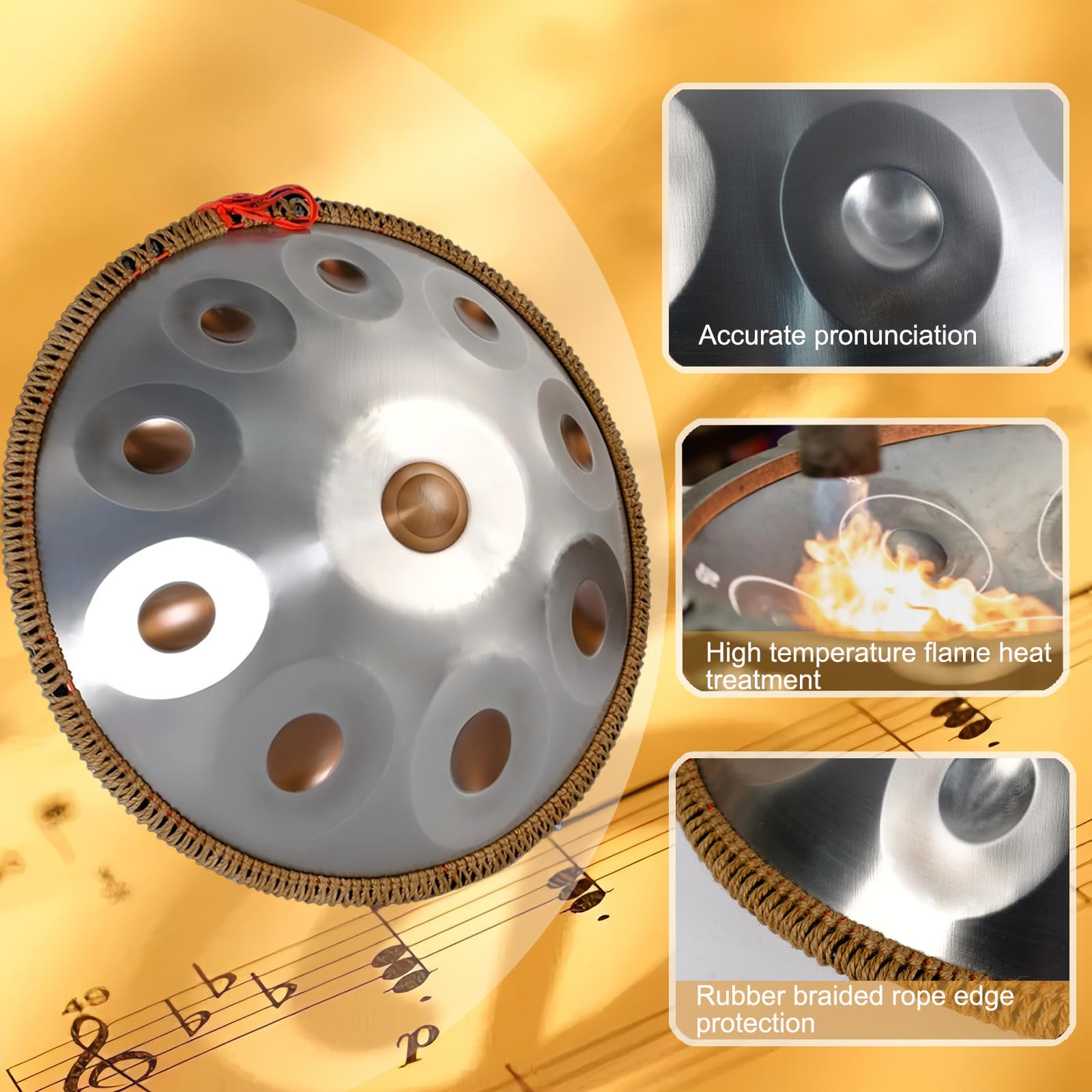 Handpan Drum Tambour en acier mineur D 10 tons 66 cm 440 Hz Instrument de tambour pour yoga, méditation avec sacs à main, support de batterie, chiffon (argenté, 10 tons)