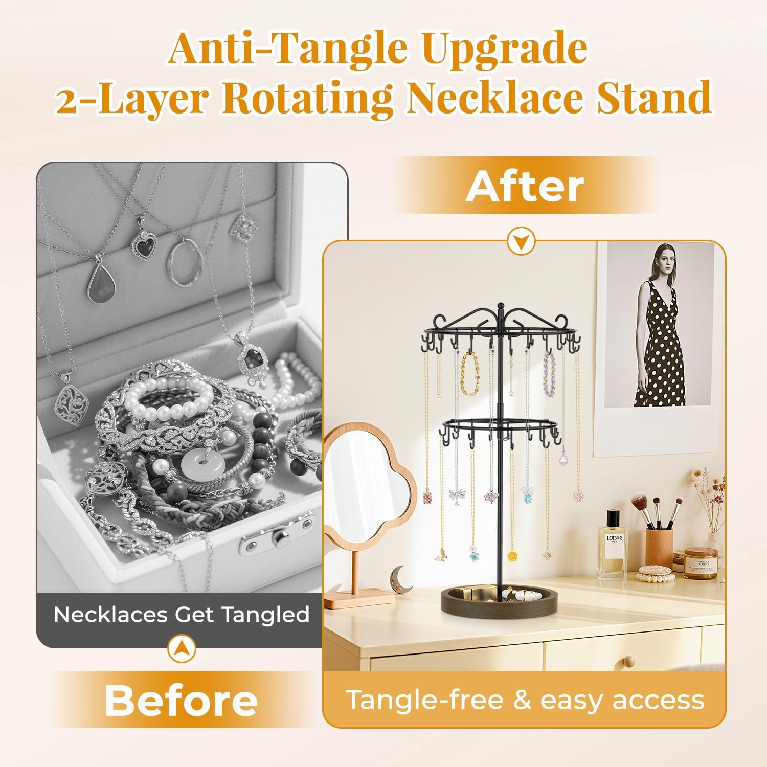 EsLuker.ly Necklace Holder Organizer Rotating Display Stand, 2 Tier Adjustable Height Necklaces Hanger Tree Tower with 42 Hooks, Metal Jewelry Storage Rack with Wooden Tray for Women (Black+Brown)