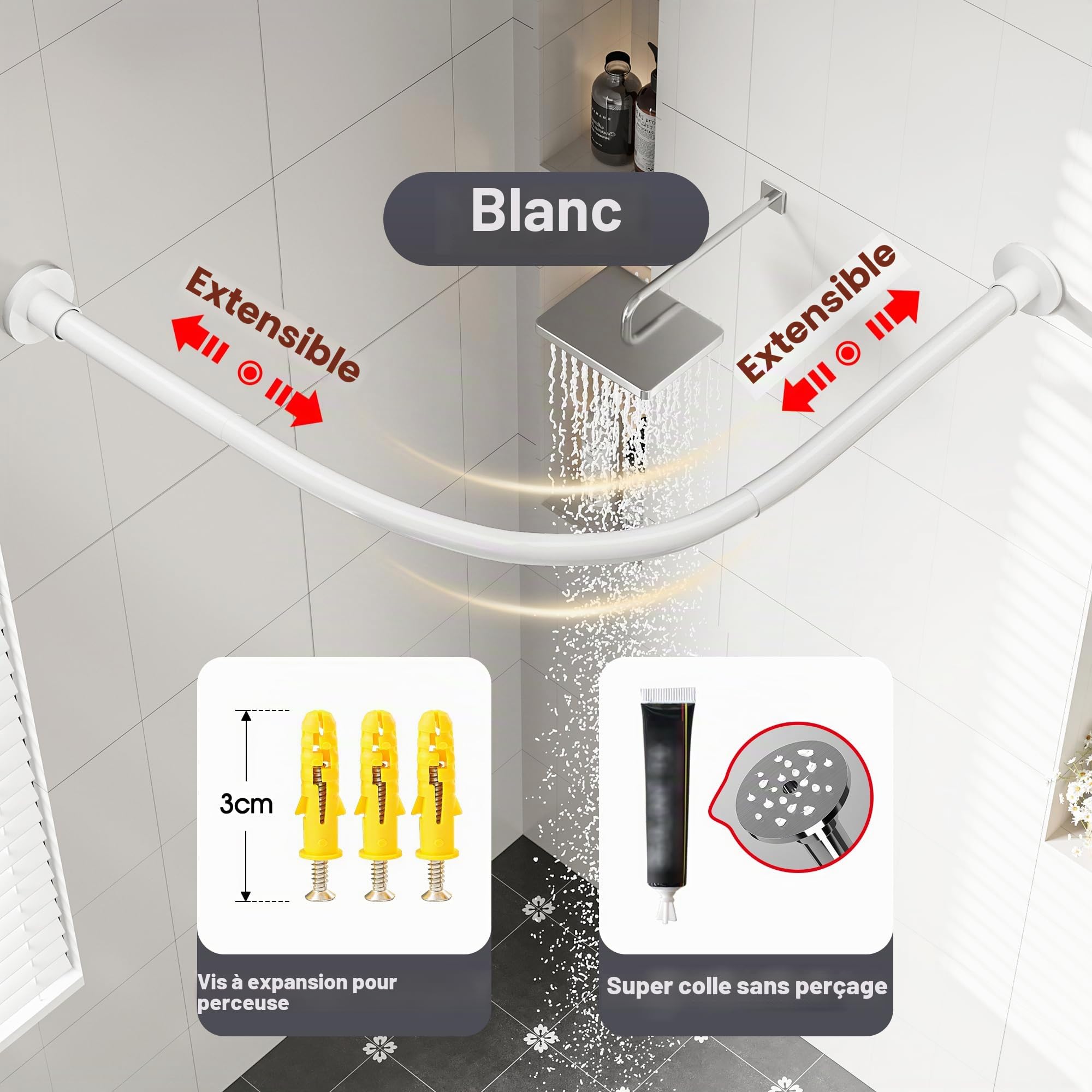 Tringle Douche Angle, Tringle pour Douche Arrondie, Barre De Douche en Forme De L Extensible en Acier Inoxydable, sans Perçage/Forage, 90-130x90-130cm, pour Salle De Bain, Douche, Blanc