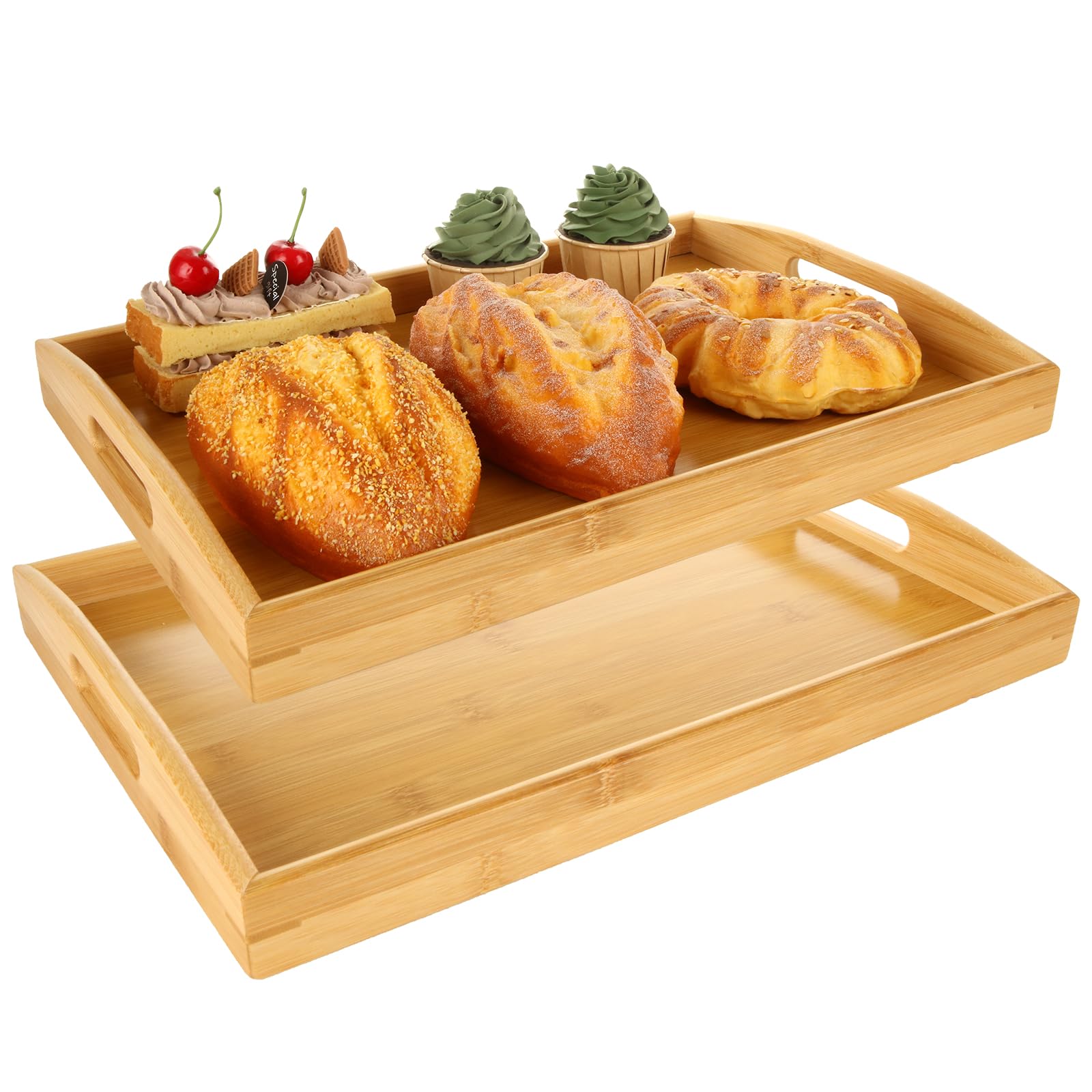 Lot de 2 plateaux de service en bambou 40 x 28 x 5 cm avec poignées pour cuisine, restaurant, hôtels