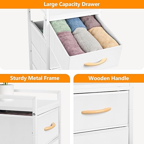 Miniatura 5 de Cómoda de tela para dormitorio, 4 cajones con tablero de madera, organizador de almacenamiento vertical con ruedas, cajoneras para armario, sala de