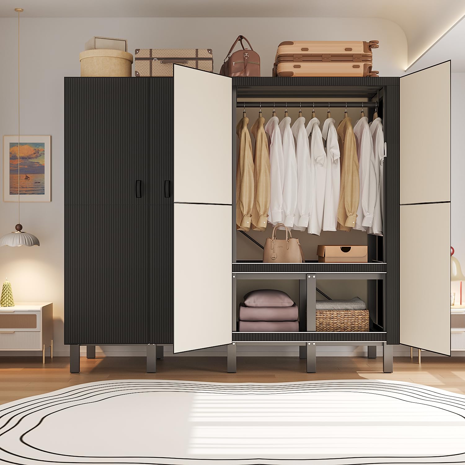 Faltbarer Kleiderschrank, 500 Kg, 242cm Großer Kapazität Stoffkleiderschrank mit 2 Hängenden Schienen, Tragbarer Stoffschrank Kleiderschrank mit Abdeckung für Schlafzimmer (B black door, 190cm)