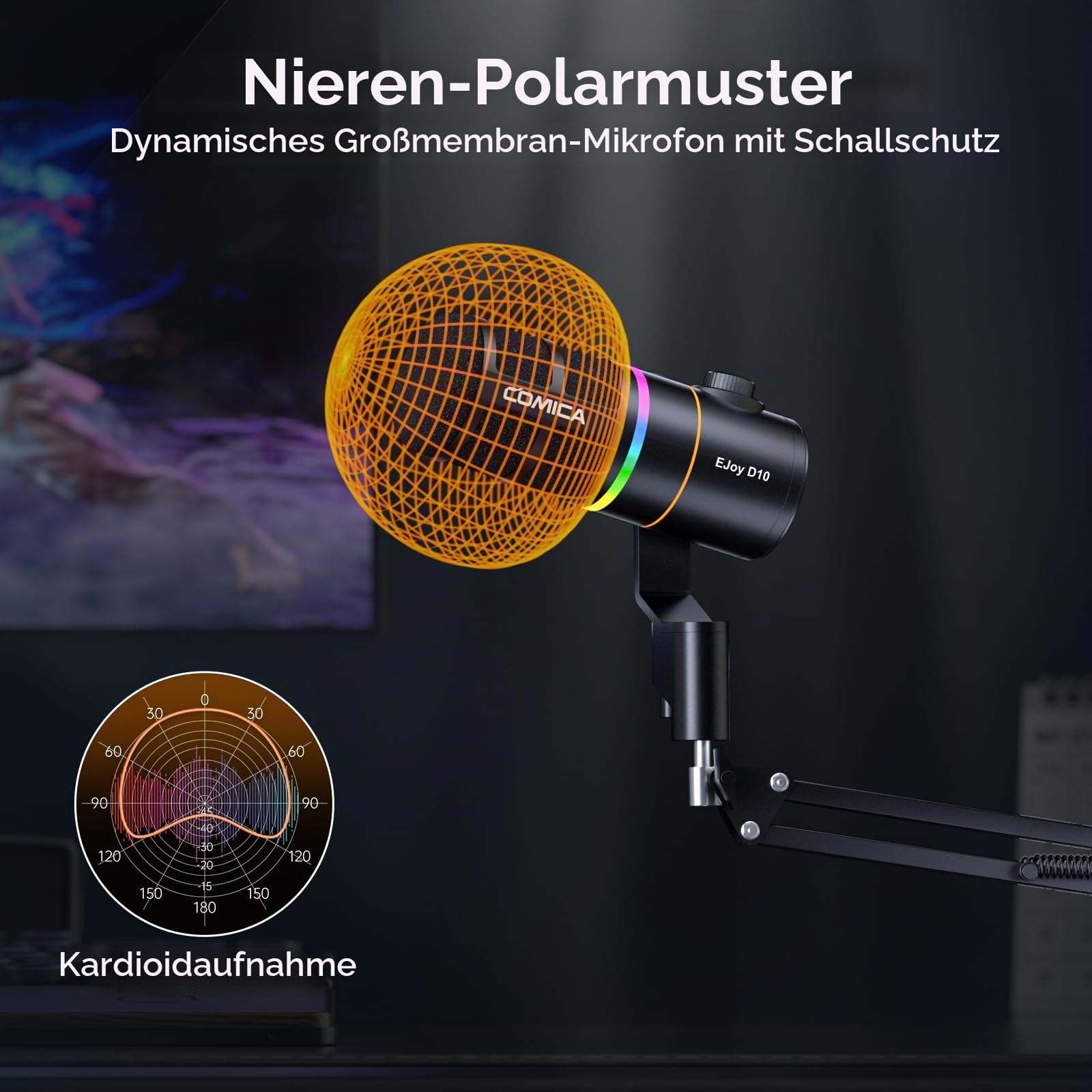 COMICA EJoy D10(A) Dynamisches Gaming Mikrofon mit Arm (Schwarz) | XLR/USB-C Dual Output, Calmix Noise Cancellation, RGB Beleuchtung & Mikrofonarm für Podcast Streaming Studio, für MAC PS4 PS5