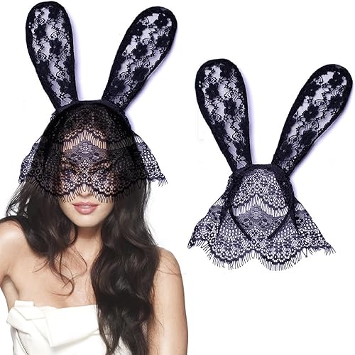 Diadema de encaje con orejas de conejo, velo negro, diadema para el pelo para discotecas, Pascua, día de la madre, Navidad, accesorios de decoración