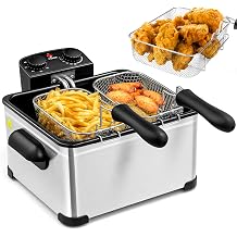 KOTEK Deep Fryer with 3 Baskets, 5.3QT/5L/21-Cup Oil Capacity, Stainless Steel Home Fryer with Adjustable Temperature, Timer, Lid w/View Window, 1700W Electric Fryer for Kitchen Restaurant 5.3QT