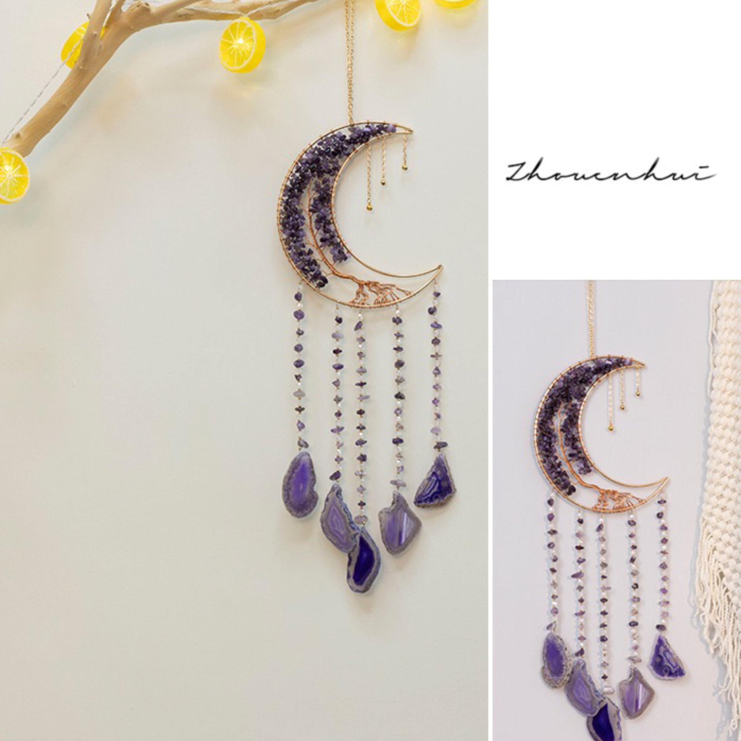 Attrape-rêves arbre de vie cristaux de lune violette agate naturelle décoration murale yoga fenêtres jardin intérieur