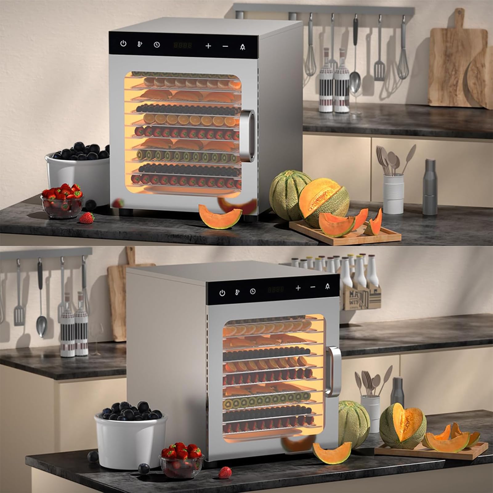 Deshidratador De Alimentos Acero Inoxidable 8/10 Bandejas, Deshidratadora De Frutas, Temperatura Ajustable 30-90℃, Temporizador 24h, Pantalla Led, para Carne, Fruta, Snacks Perros, Hierbas