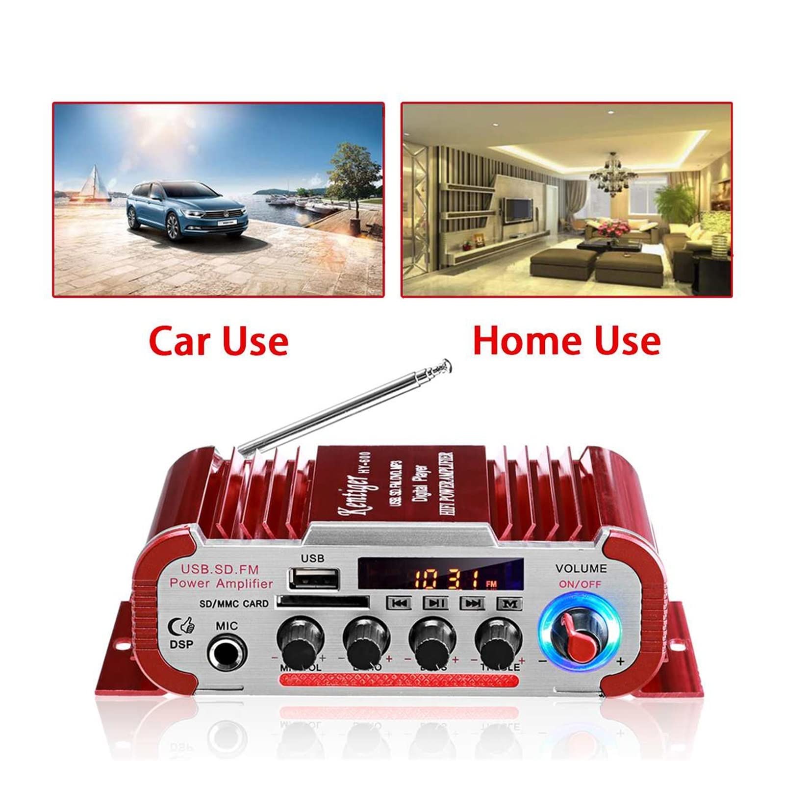 Amplificateur Audio, HY60 600W 2CH HIFI Audio Accueil Amplificateurs numériques Auto Audio Bass Amplificateur de puissance Mic FM USB SD Haut-parleurs radio subwoofer(Zwart)