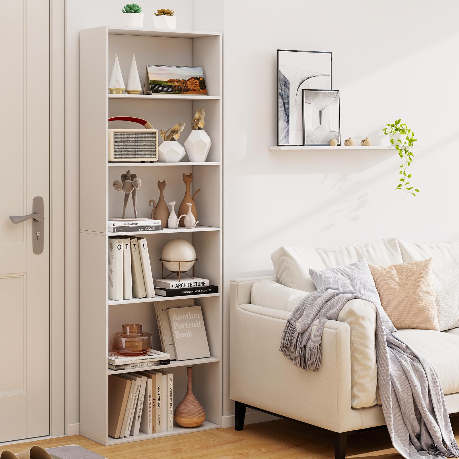 KOMFOTTEU Librería Abierta de 6 Niveles, Estantería para Libros con 2 Kits Antivuelco, Mueble de Almacenamiento de Madera, Armario para Sala de Estar, Oficina, Estudio, 60 x 24 x 178 cm (Blanco)