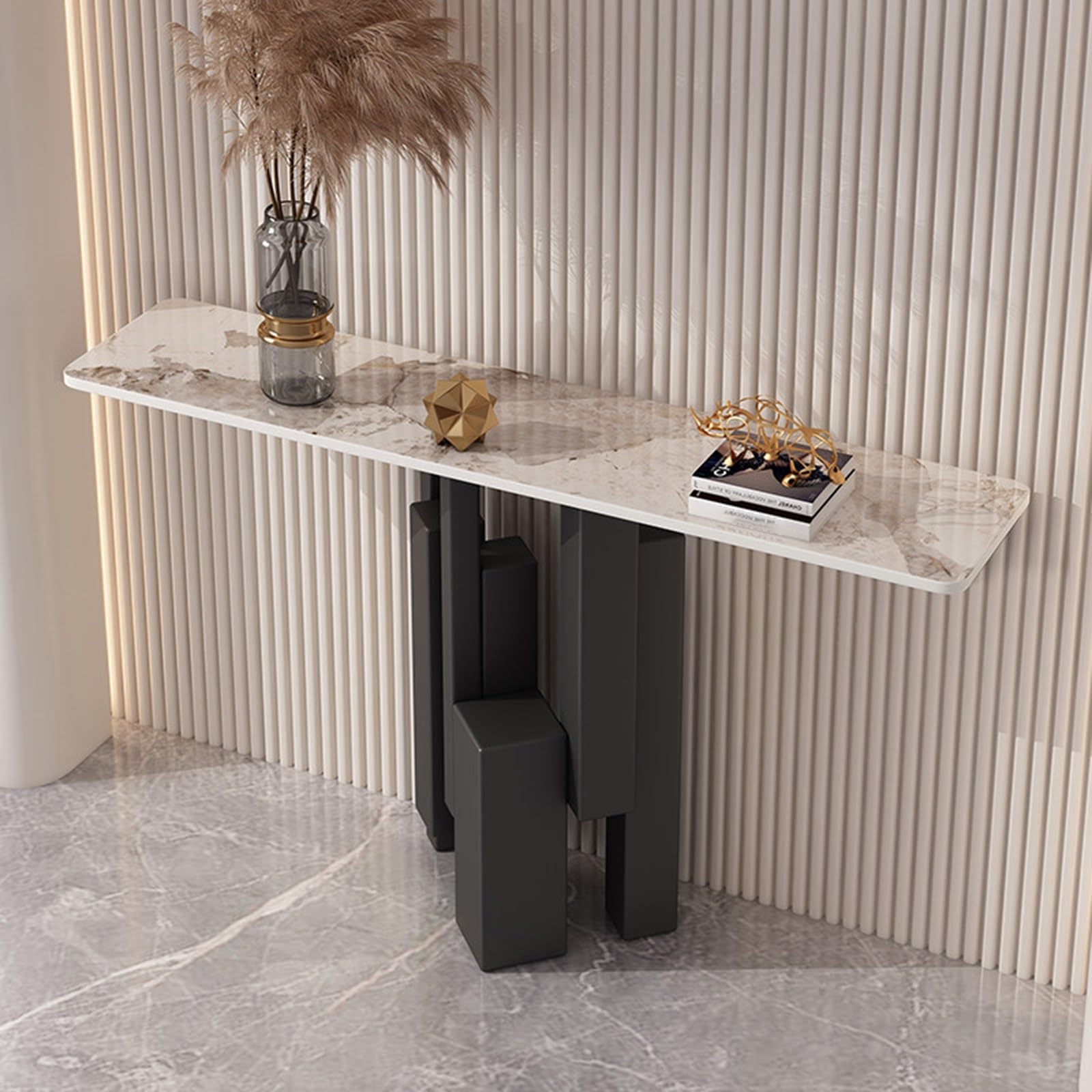 MESCXTY Sintered Stone Console Table, Decorative Entryway Sofa Table with Staggered Column Metal Frame Contemporary,Creative Alloy Leg,for Living Room, Hallway, Foyer(Brown+Black,59in)
