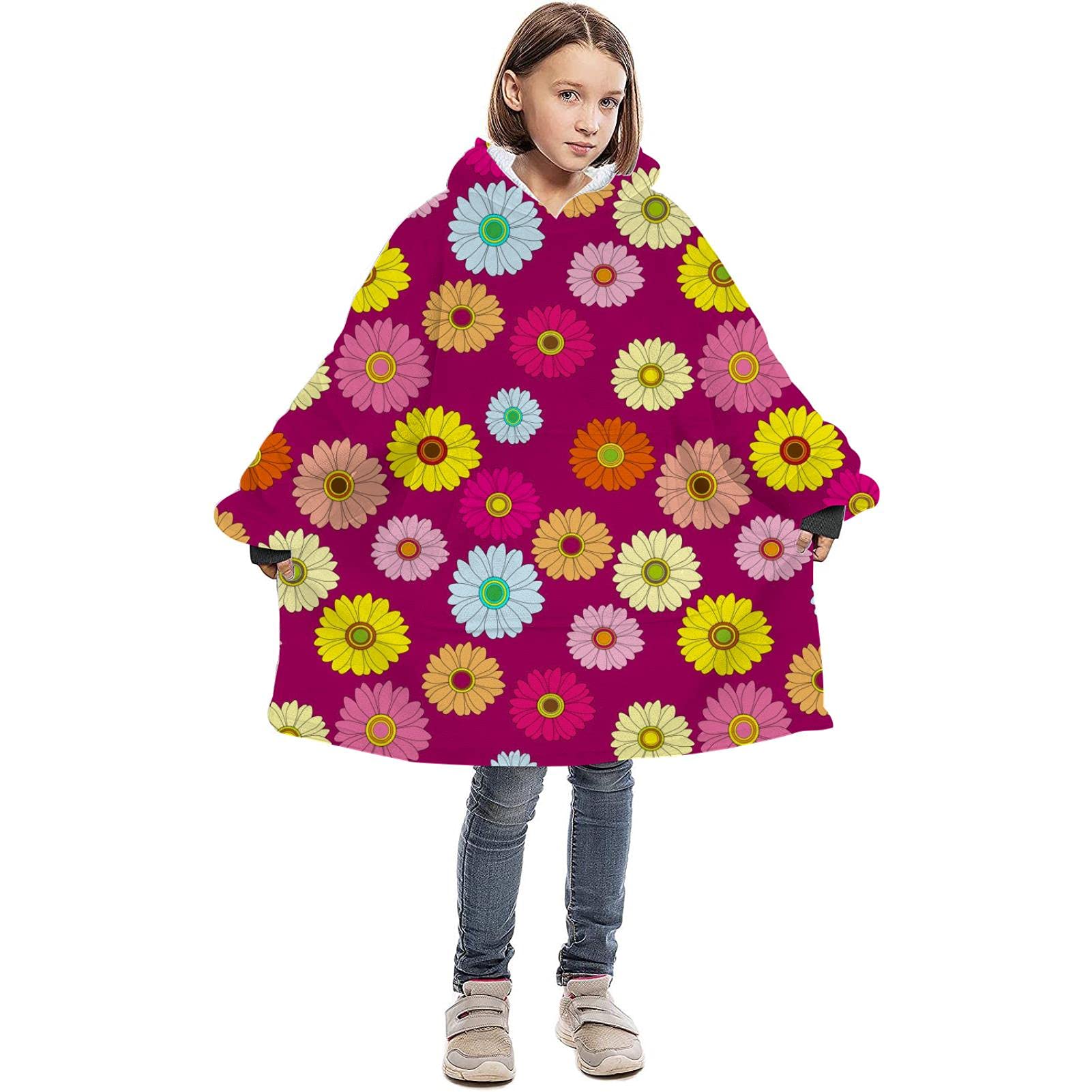 Dmbktef Wearable Hoodie Blanket Hooded Floral Pattern Oversized Super Soft Sweatshirt and Warm Blanket for Kids and Teens One Size