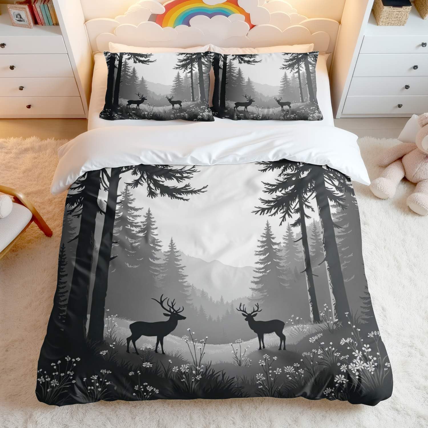 Parure de lit élégante motif animal forêt noir et blanc pour lit double