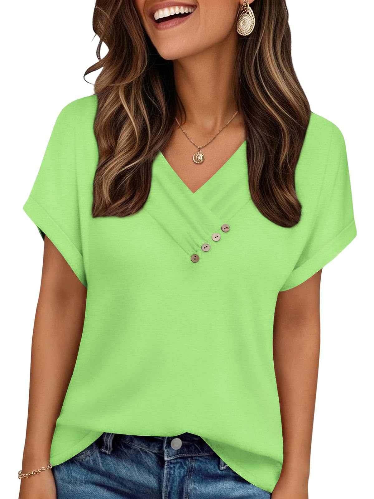 Cuptacc Tshirt Damen Elegante V Ausschnitt T Shirt Basic Kurzarm Mit Knöpfen
