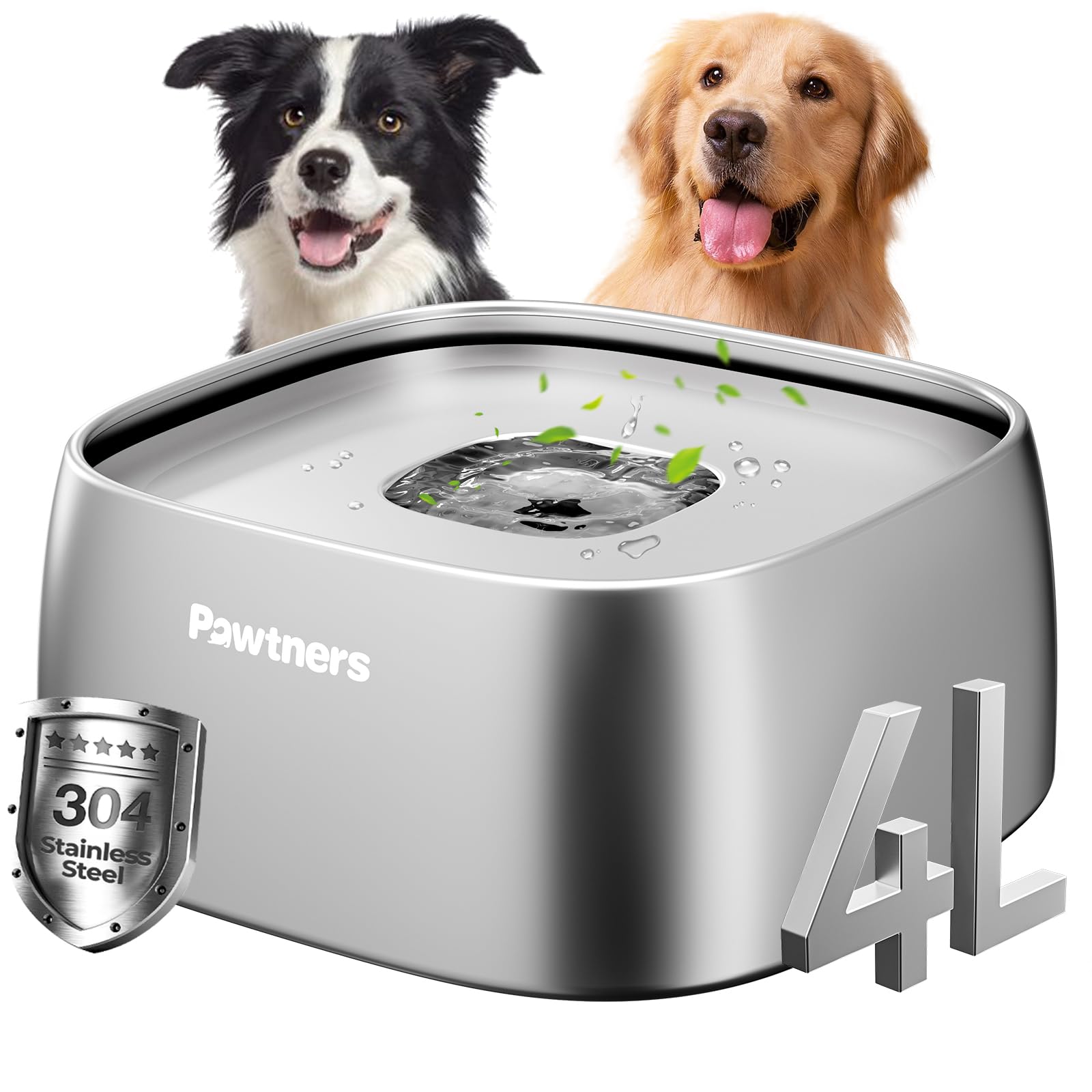 Pawtners All Stainless Steel large no spill dog water bowl in silver