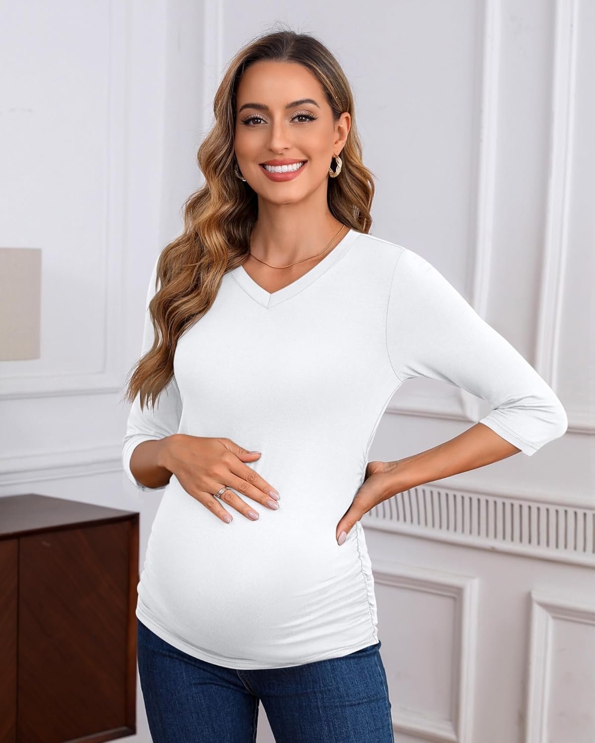 Ficerd 3 Pack Women's Maternity Shirts, 3/4 Sleeve V Neck Pregnancy Tops Side Ruched Casual Maternity Tee Pregnant Clothes - Image 5