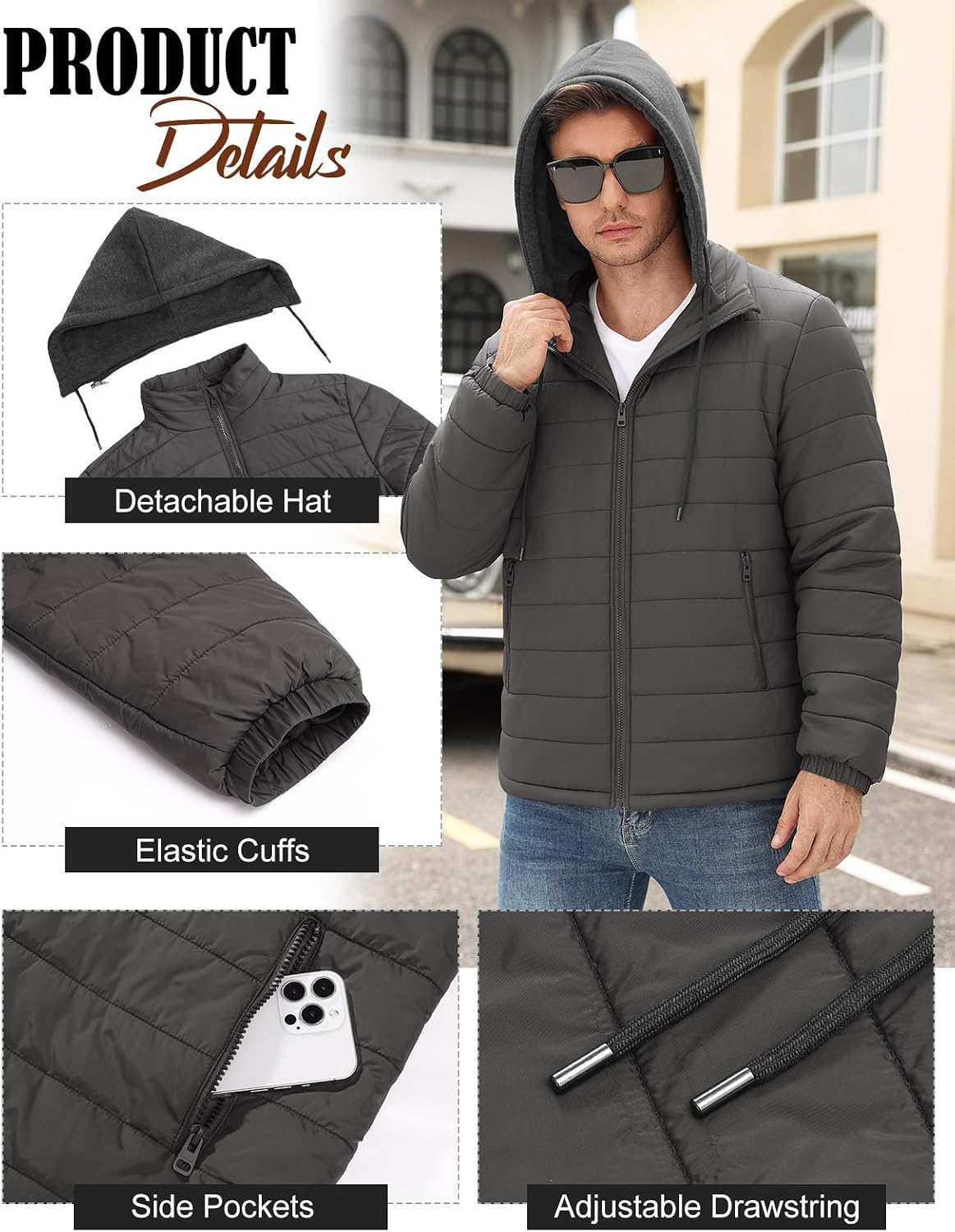 HEEKPEK Men’s Puffer Jacket with Detachable Hood Lightweight Water-Resistant Full Zip Winter Coats Insulated Puffy Jackets
