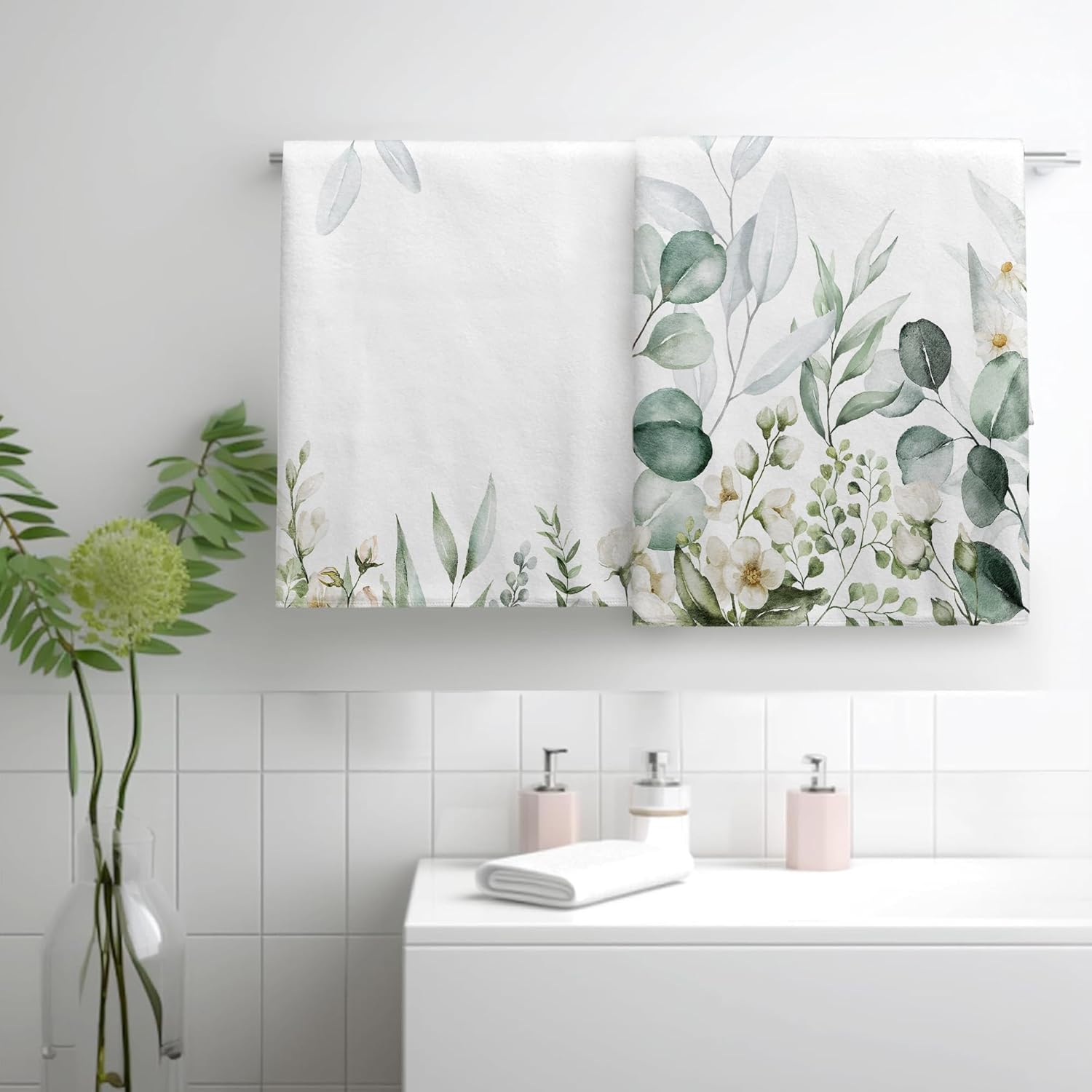 2 Pack Sage Green Eucalyptus Bathroom Hand Towels Decorative Green White Floral Leaves Dish Kitchen Towels 16x27 Inch Soft Botanical Absorbent Microfiber Bath Fingertip Towels Hotel Spa Decor - Image 7