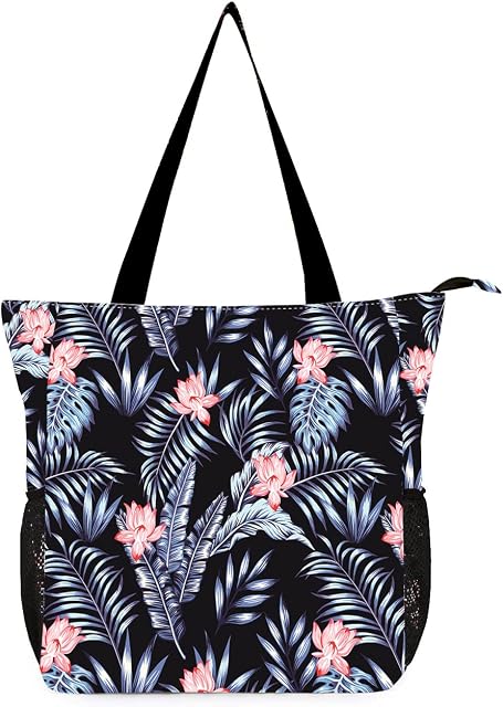 Large Beach Tote Bag with Zip Waterproof Shoulder Bag Beach Bag for Women with 7 Pockets for Beach Work School Trip (Black Leaves,XL)