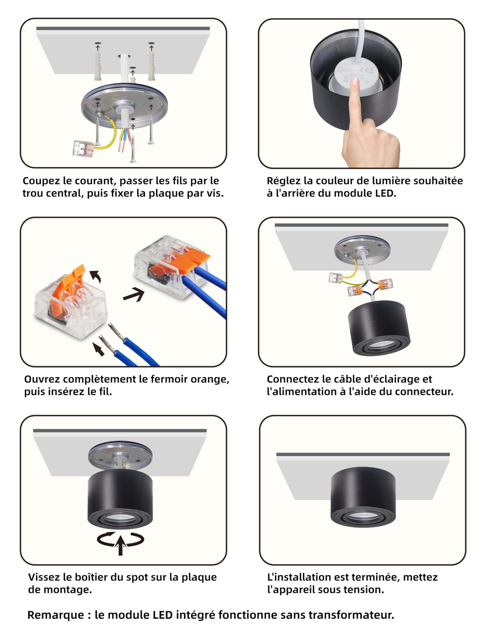 Spots LED Orientables 30° 5W 520LM 3 Couleurs IP65 Étanche Plafonnier Salle de Bain 230V IRC90+ Ø80x50mm