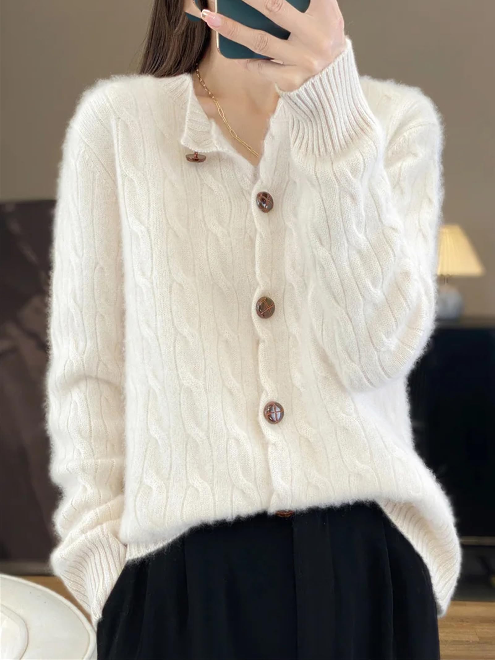 Cardigan da donna in 100% cashmere, a maniche lunghe, alla moda, casual, a maglia grossa, per capispalla