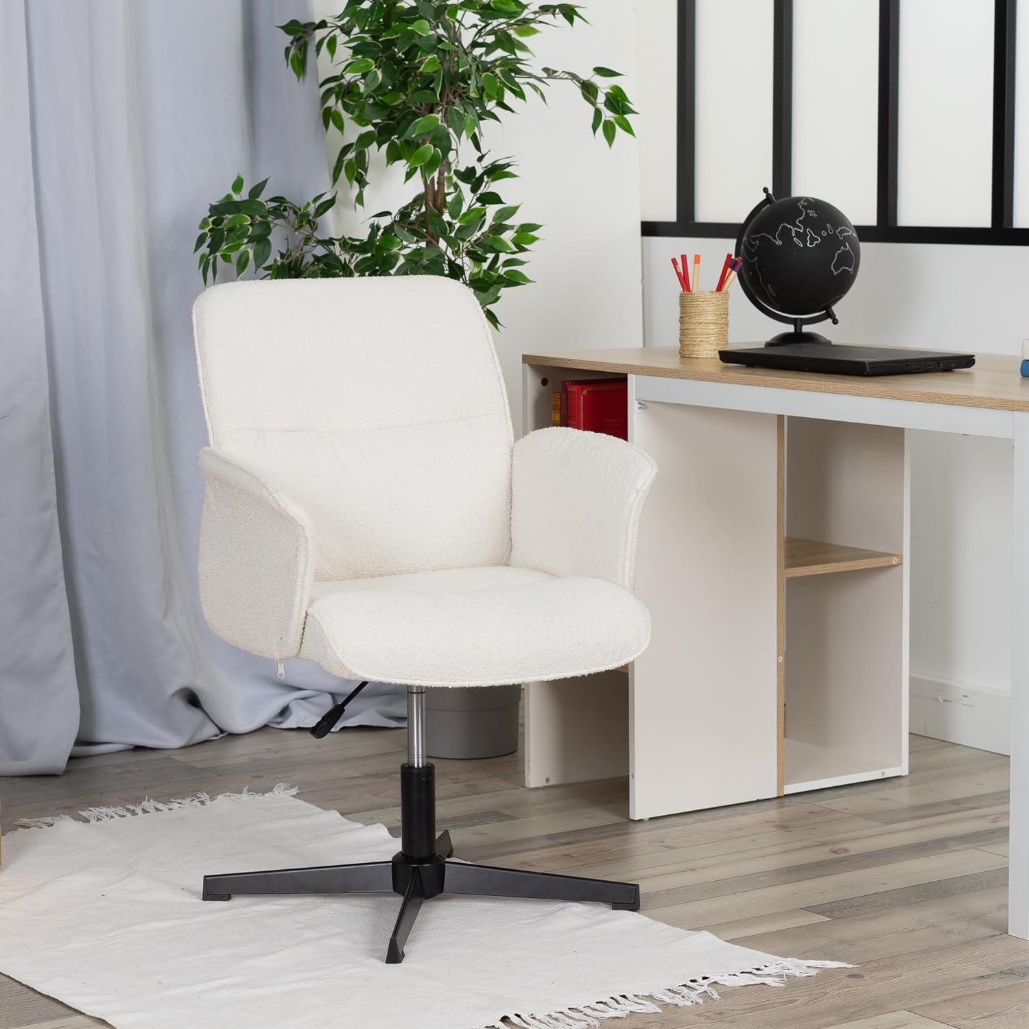 MEUBLE COSY Krzesło biurowe z regulacją wysokości krzesło toaletowe biurko krzesło z tkaniny Bouclé do studia sypialni, biały, metal, 66 x 63 x 82-94 cm