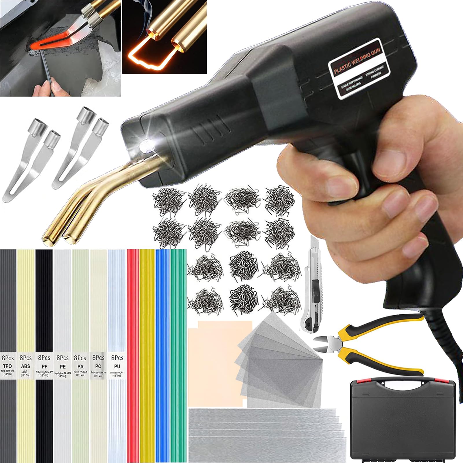 220W Saldatore per Plastica,2 in 1 Saldatrice Plastica con 2Pcs Strumento di Levigatura,800pcs 6 Tipo Graffette,64pcs 7 Tipo Bacchette,Pistola Saldatura Plastica per Riparare Auto Paraurti,Plastica
