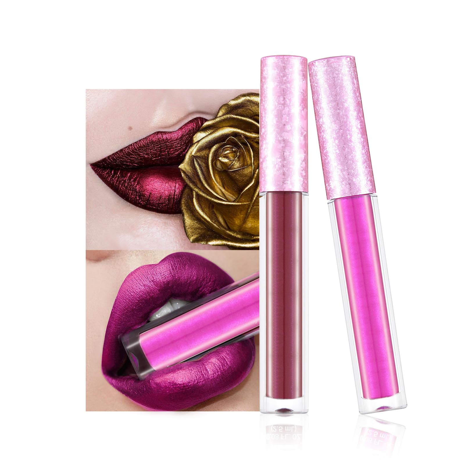Lip Stick Set,Matte Lipstick CLARET & seductive pink Lipstick Makeup Metallic Light Lipsticks,Lipsticks For Women Long Lasting Waterproof Non-Stick Cup Not Fade Glitter