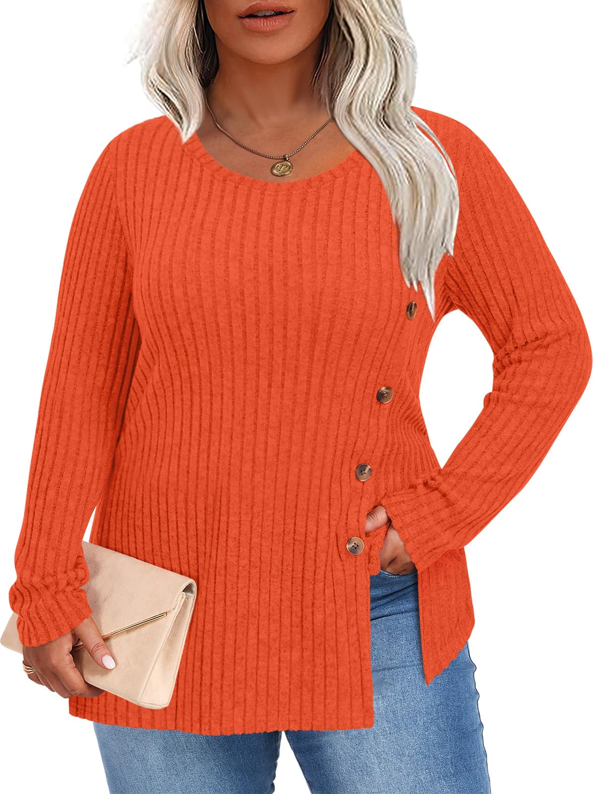 HOTGIFT Women Plus Size Top Knit Long Sleeve Sweater Button Tunic XL-5XL