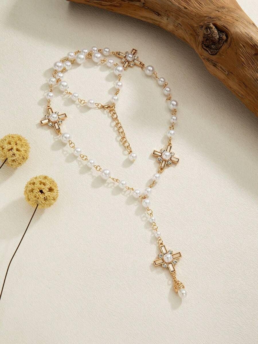 Pearl Layered Lariat Cross Necklace Rosary For Women Chunky Big Cross Y Necklace Long Sweater Chain Necklace Beaded Catholic Jewelry For Women Elegant Gold White - Image 3