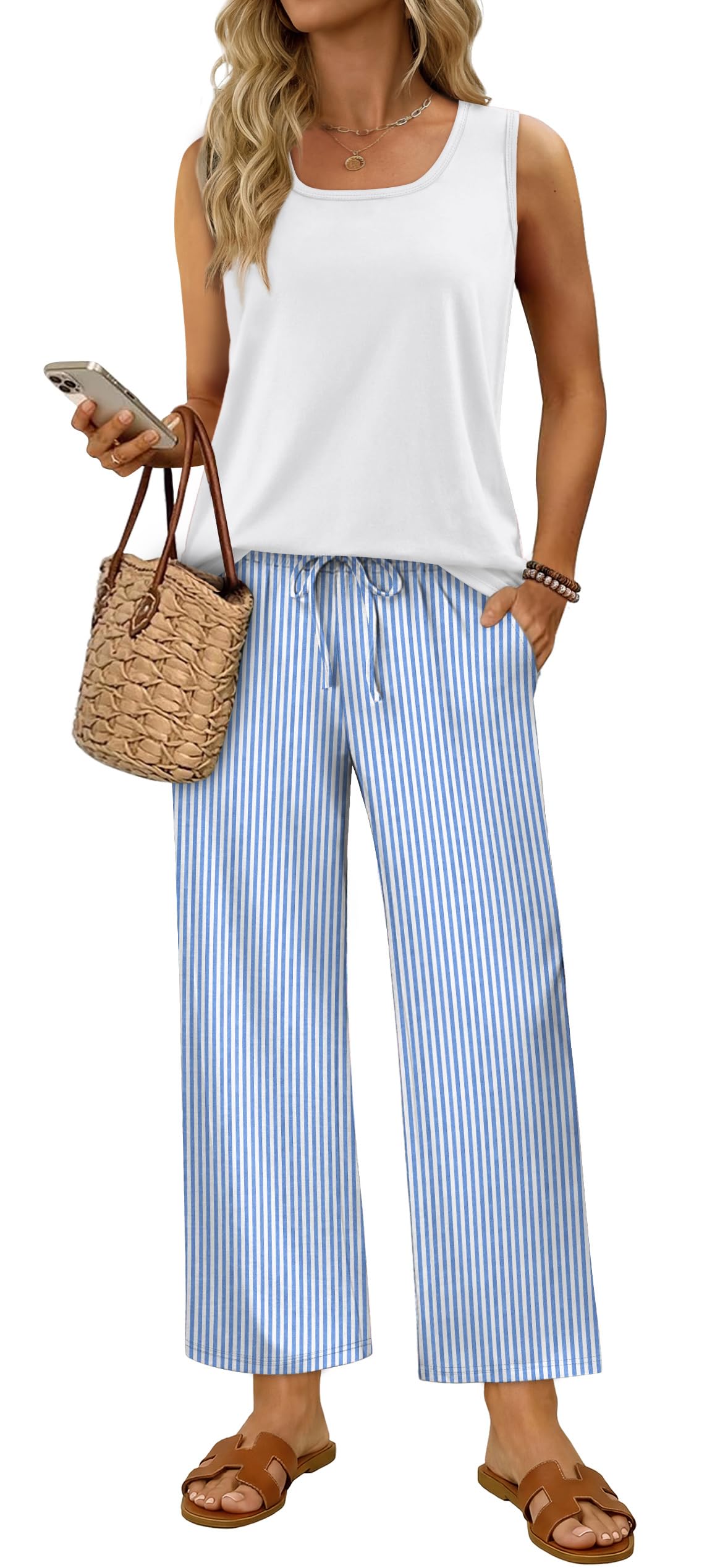 WIHOLL Two Piece Sets for Women Summer Spring Outfits Tank Square Neck Sleeveless Travel Vacation Lounge Wide Leg Pants Set — view 2