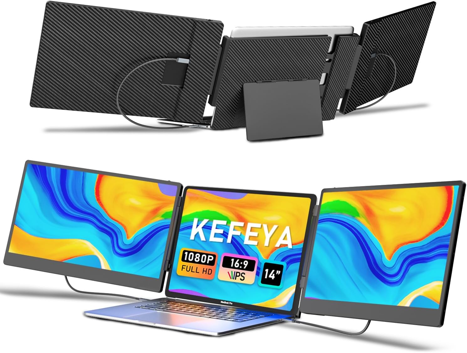 KEFEYA Laptop Screen Extender, 14" FHD 1080P IPS Triple Portable Monitor for Laptop 13-17" with USB-C/HDMI Port, Laptop Monitor Extender for Windows/Mac/Chrome/Surface/Switch/PS5, Plug n Play