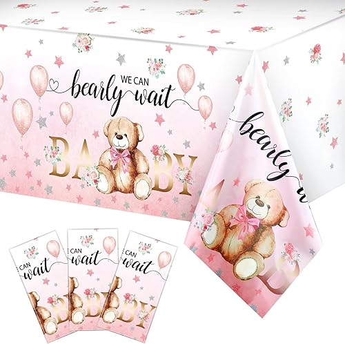 Miniatura 1 de Mantel de plástico para baby shower, con texto en inglés We Can Bearly Wait, mantel con diseño de oso y estrellas para fiesta de cumpleaños de niños