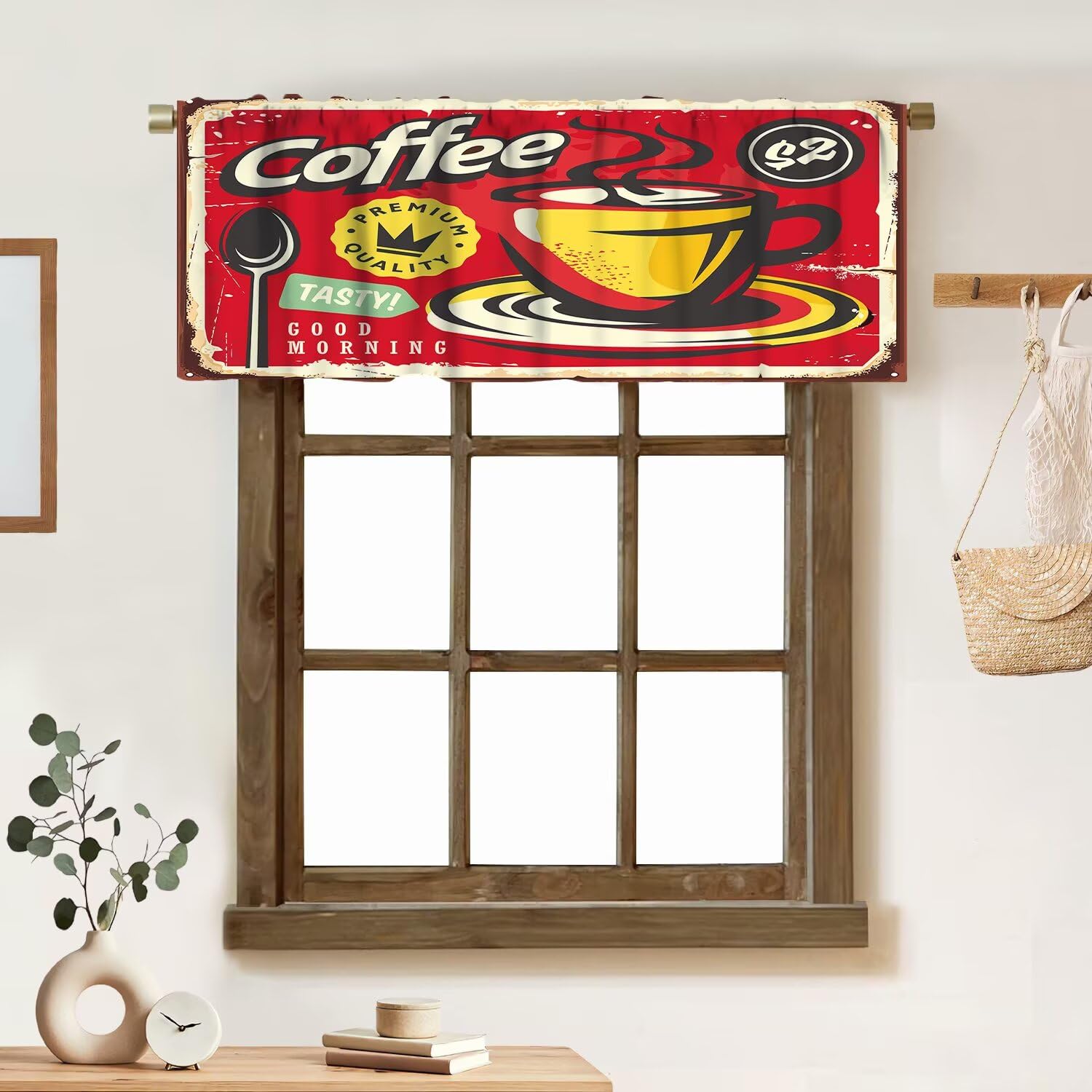 ZhiRain Retro Style Coffee Sign Valance Curtain Coffee Cup Drawing On Old Red Background Rod Pocket Valance Window Treatments Short Curtains for