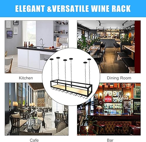 Vista 7 de Estante de techo para copas de vino, estante colgante para vino con soporte para vidrio y estante, soporte para botellas de vino colgante industrial