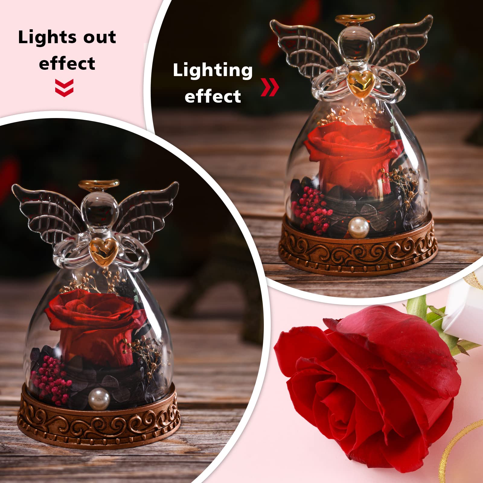 Angelo regalo per donne, mamma, nonna, vera rosa conservata in vetro, angelo con luce LED, regalo di rosa per festa della mamma, Natale, compleanno, San Valentino (rosso)