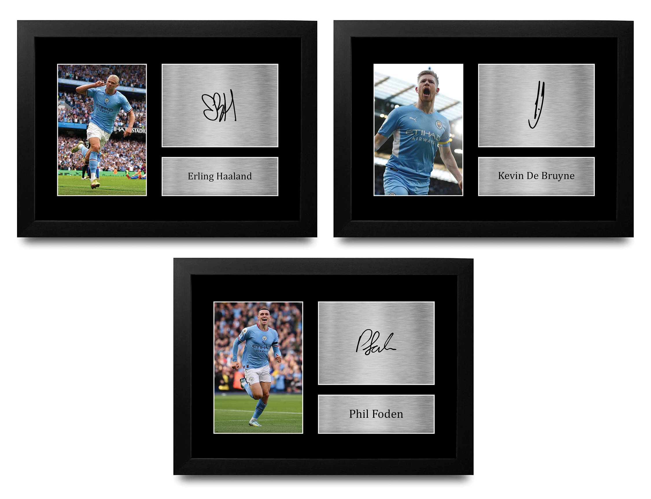 HWC TradingHaaland, Grealish & Foden Manchester City Gifts Printed Signed Autograph Pictures for Football Fans and Supporters - A4 Framed