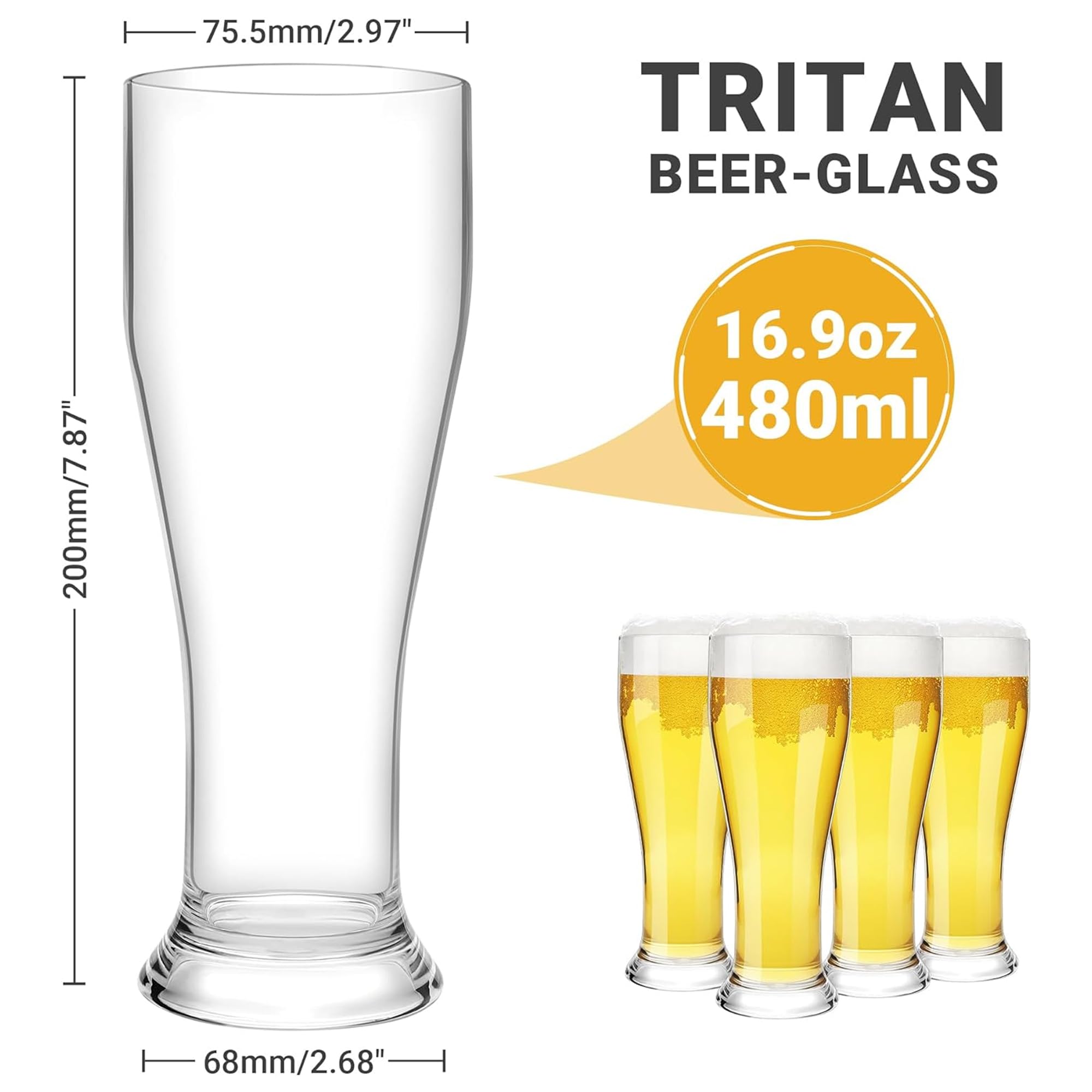 HAHASHOW 480ml Bicchiere da Birra, 100% Tritan-Plastica Bicchieri da Vino Perfetto per Casa Campeggio, Raduno, Guardare Partite di Calcio, Lavabile in Lavastoviglie, Set di 6