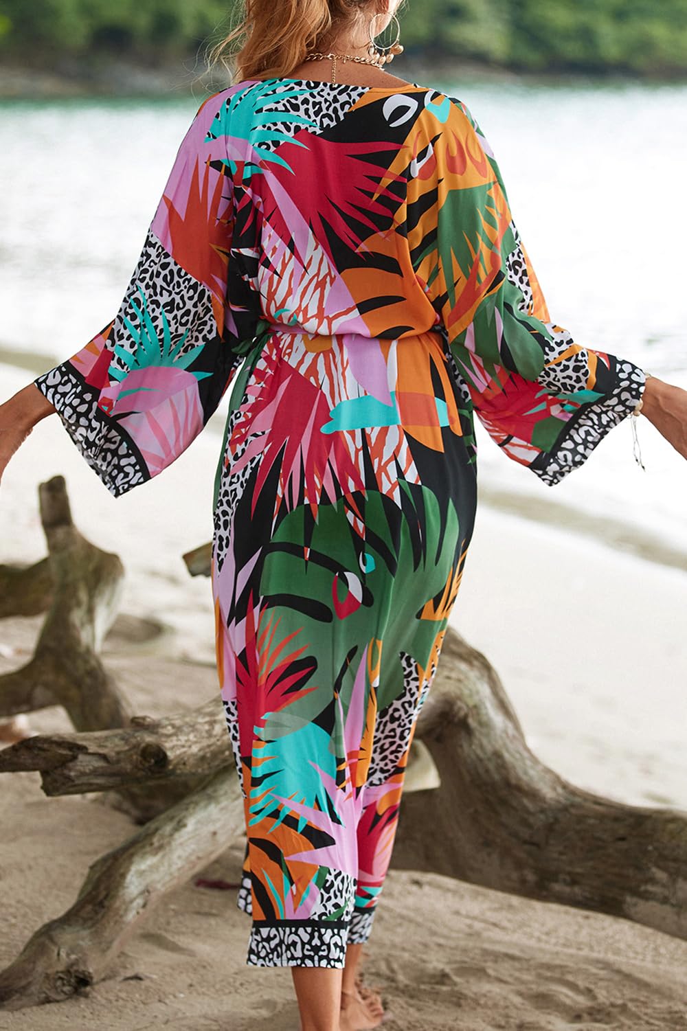 Damski kardigan w stylu boho, sukienka maxi, plażowa, okrycie, długie kimono, Robs One Size