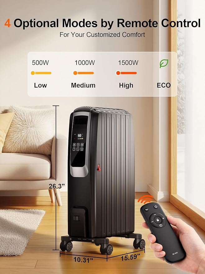 Calefactor Eléctrico Radiador de Aceite 1500W con Termostato y Control Remoto miniatura 3