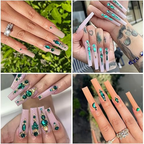 Miniatura 4 de 120 dijes de uñas de diamantes de imitación verde esmeralda, 12 formas de cristal verde con parte trasera plana, gemas grandes K9, piedras de uñas