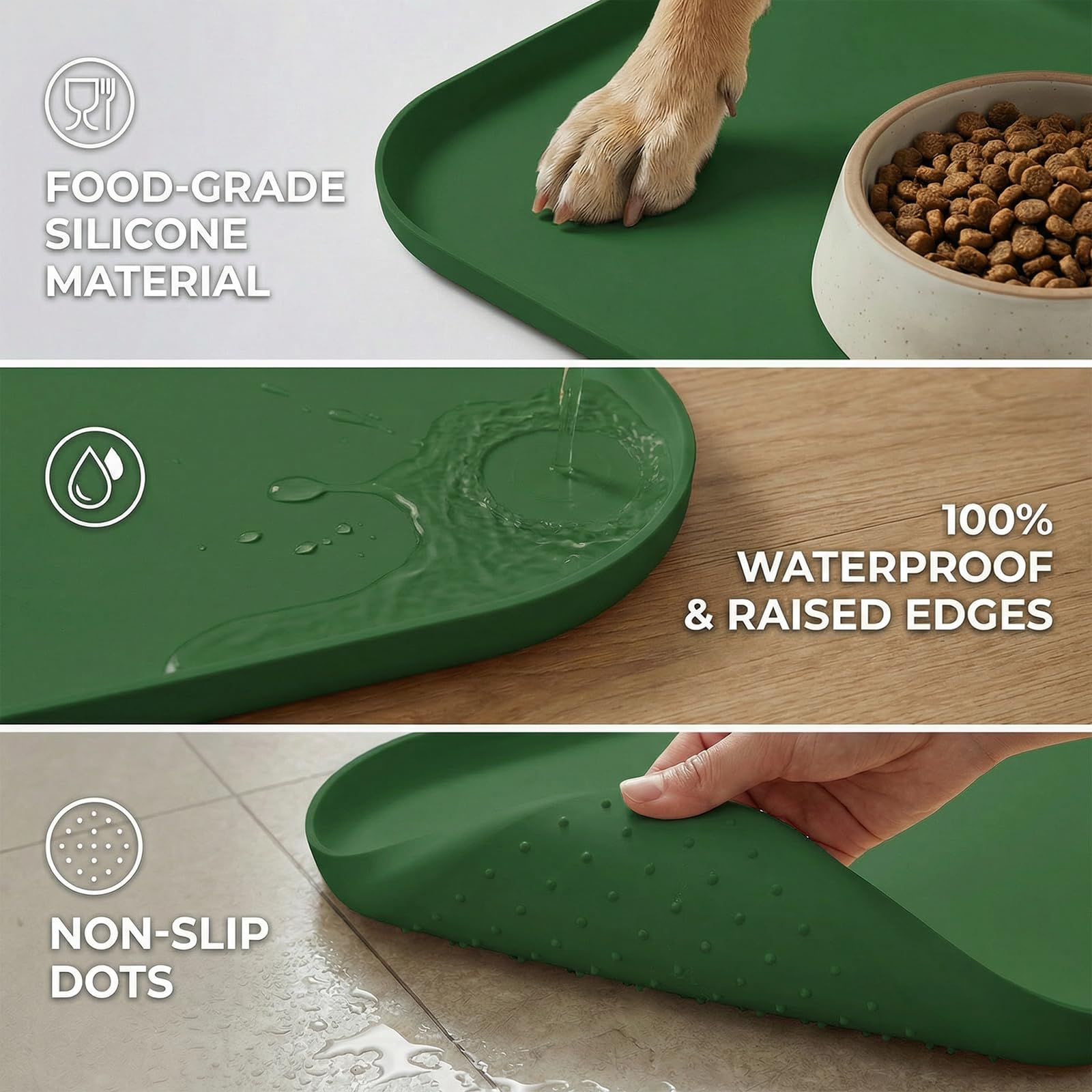 BLESWIN Tappetino impermeabile in silicone per alimentazione animali domestici con bordi rialzati, tappetino per ciotola gatto facile da pulire (Verde scuro, 60×40 cm)