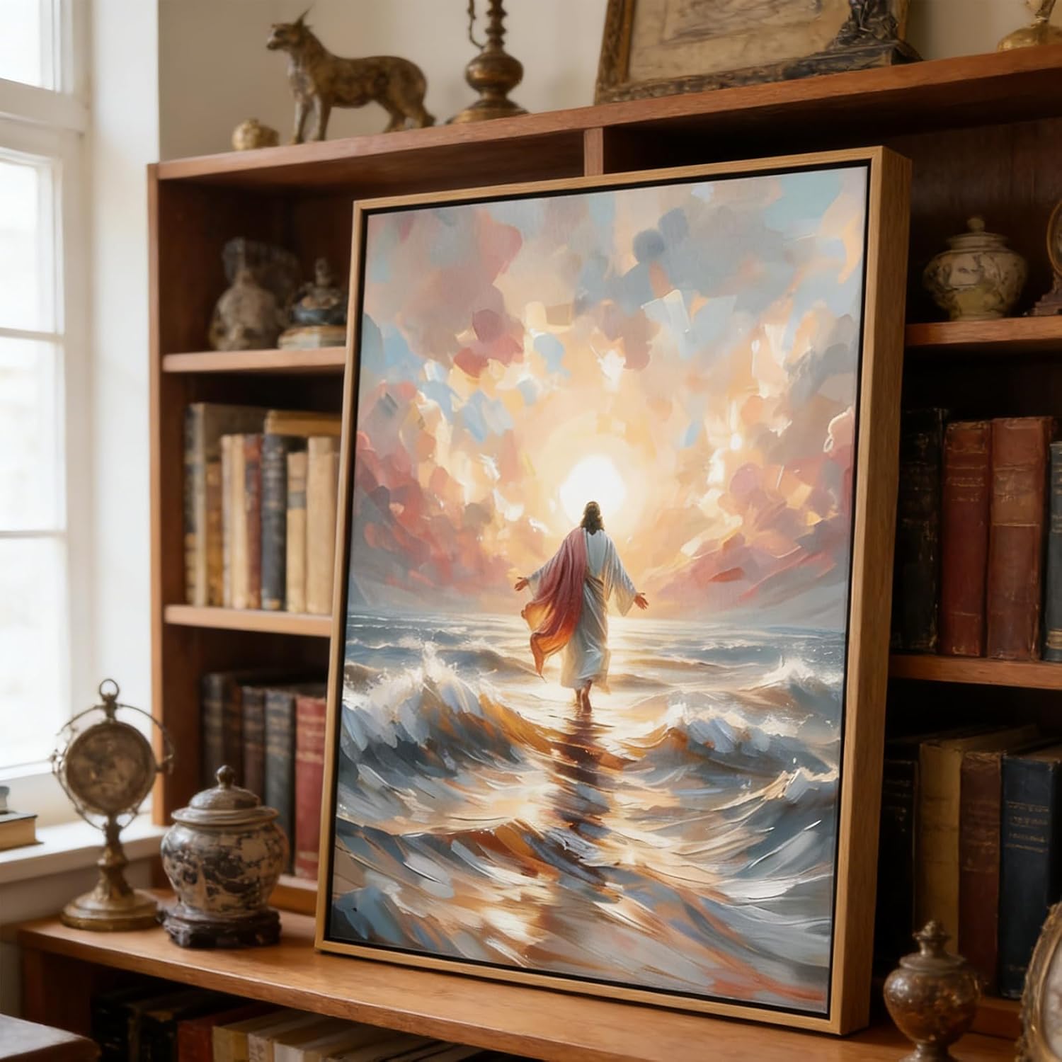 Framed Jesus Walking on Water Canvas Wall Art Christian Spiritual Divine Light Painting Picture Wall Decor Modern Religious Faith Poster Print Artwork for Church Prayer Room Bedroom Home Decoration
