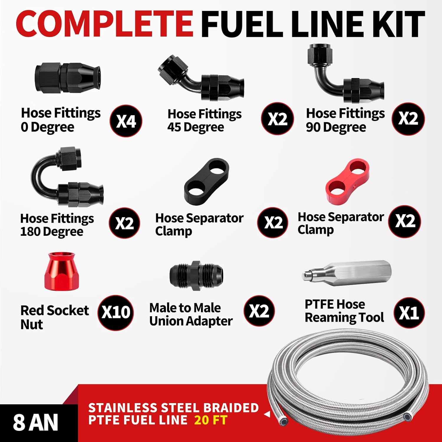 8AN PTFE Fuel Line Kit, AN8 E85 Nylon Braided PTFE Fuel Hose 20FT With 0/45/90/180 degree Hose End Fittings, Adjustable AN Fitting Wrench, Red Socket Nut & -8AN Hose Separator Clamp