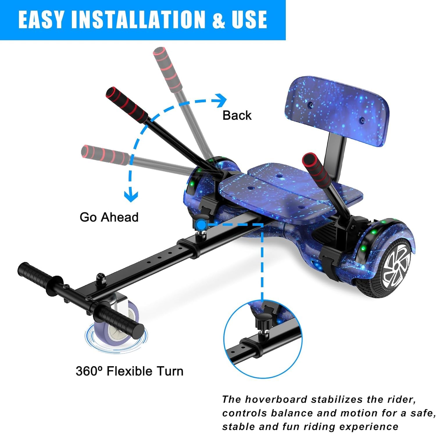 6,5 Zoll Hoverboard mit Sitz, Hoverboard mit Hoverkart für Kinder, Hoverboard mit Bluetooth-Musik und LED-Beleuchtung